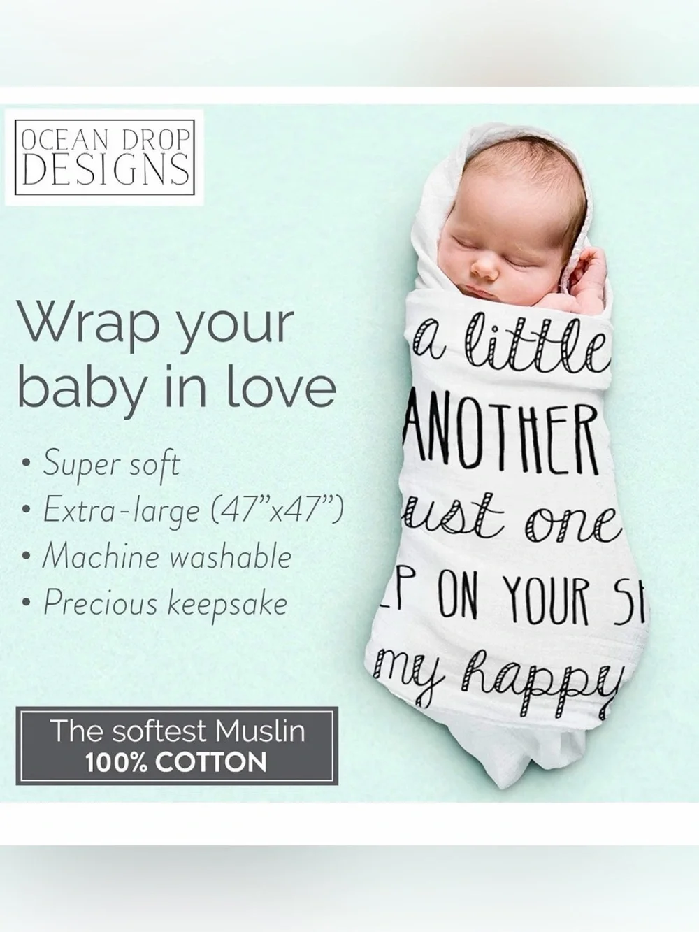 100% Cotton Muslin White Baby Quote Swaddle Blanket 47”x47”